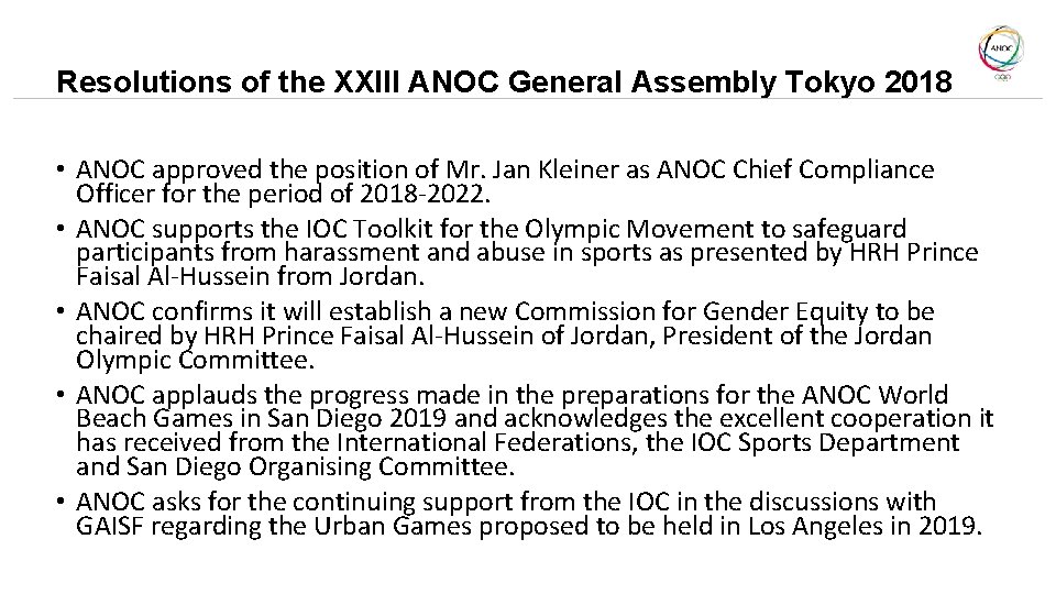 Resolutions of the XXIII ANOC General Assembly Tokyo 2018 • ANOC approved the position