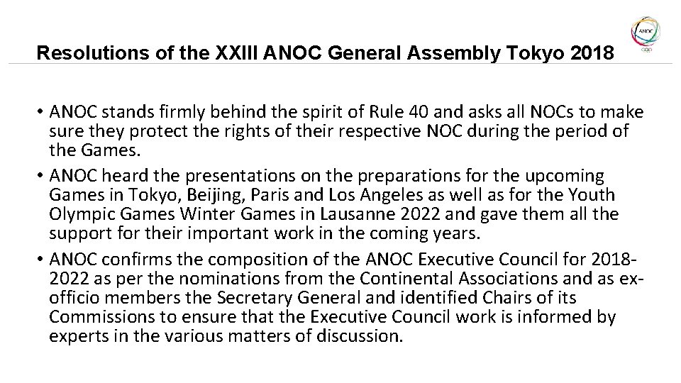 Resolutions of the XXIII ANOC General Assembly Tokyo 2018 • ANOC stands firmly behind