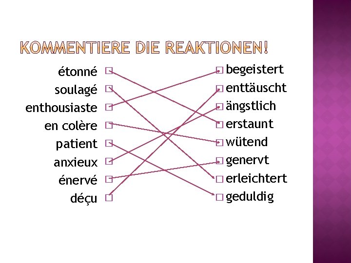 étonné soulagé enthousiaste en colère patient anxieux énervé déçu �. � begeistert �. �