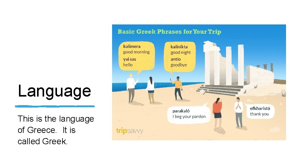 Language This is the language of Greece. It is called Greek. 