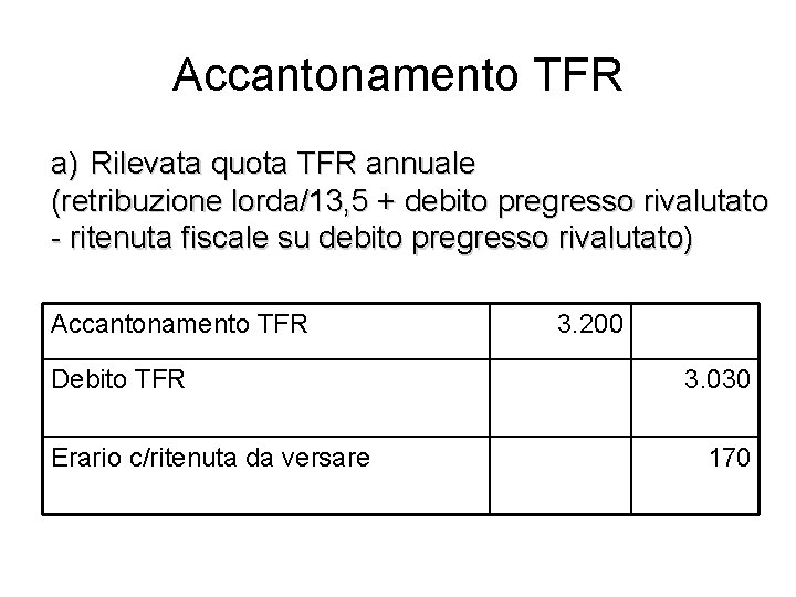 Accantonamento TFR a) Rilevata quota TFR annuale (retribuzione lorda/13, 5 + debito pregresso rivalutato