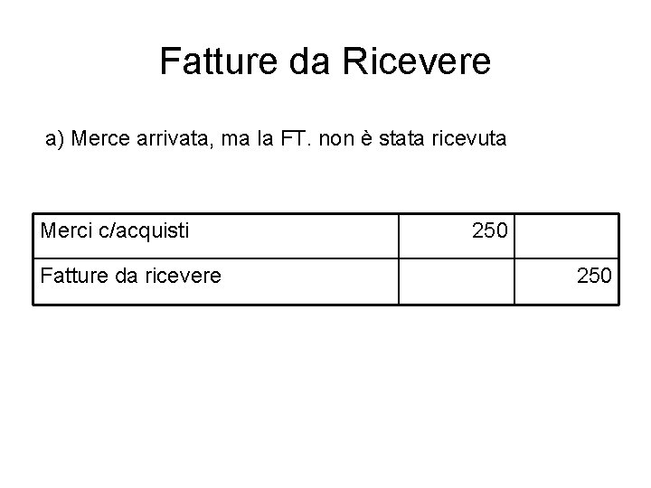 Fatture da Ricevere a) Merce arrivata, ma la FT. non è stata ricevuta Merci