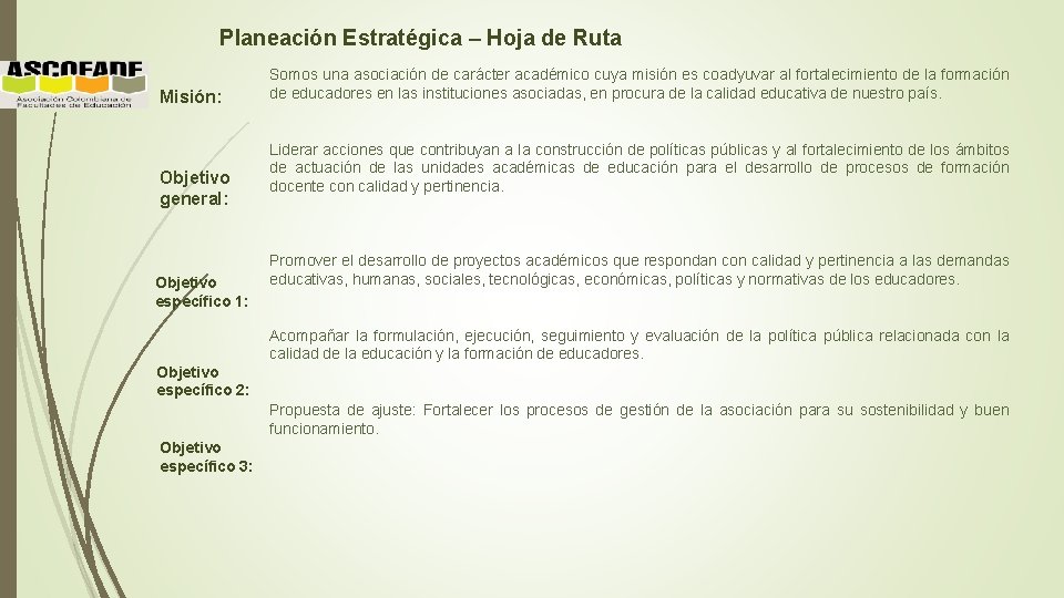 Planeación Estratégica – Hoja de Ruta Misión: Objetivo general: Objetivo específico 1: Somos una