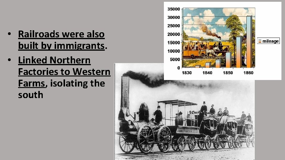  • Railroads were also built by immigrants. • Linked Northern Factories to Western