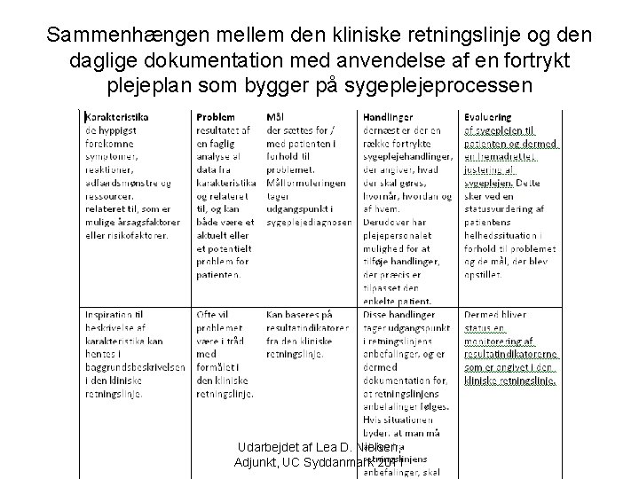 Sammenhængen mellem den kliniske retningslinje og den daglige dokumentation med anvendelse af en fortrykt