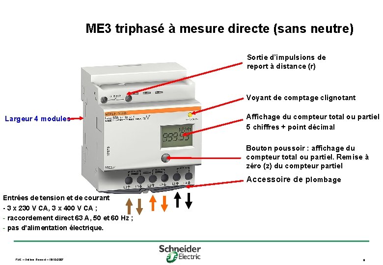 ME 3 triphasé à mesure directe (sans neutre) Sortie d’impulsions de report à distance