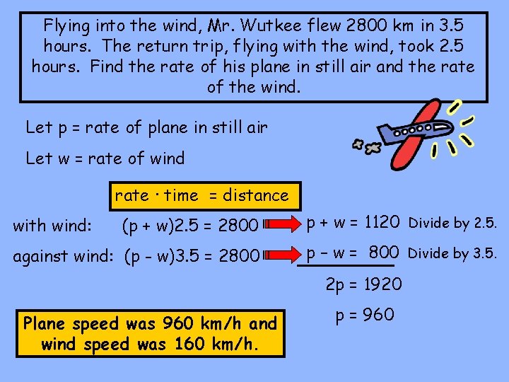 Flying into the wind, Mr. Wutkee flew 2800 km in 3. 5 hours. The