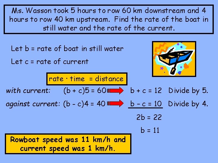 Ms. Wasson took 5 hours to row 60 km downstream and 4 hours to