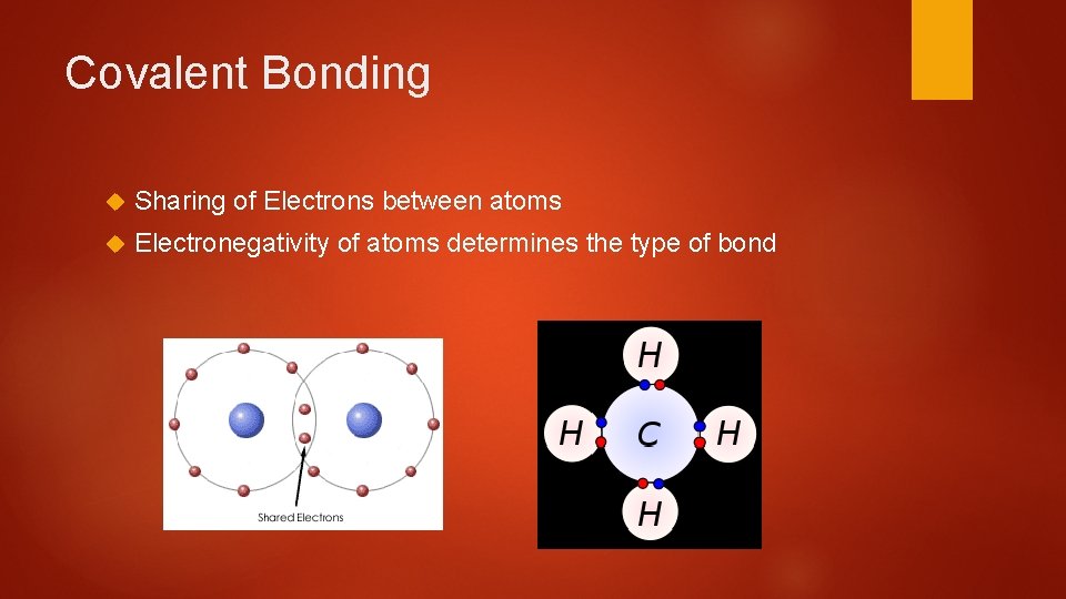Covalent Bonding Sharing of Electrons between atoms Electronegativity of atoms determines the type of