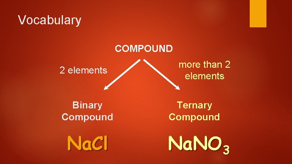 Vocabulary COMPOUND 2 elements Binary Compound Na. Cl more than 2 elements Ternary Compound