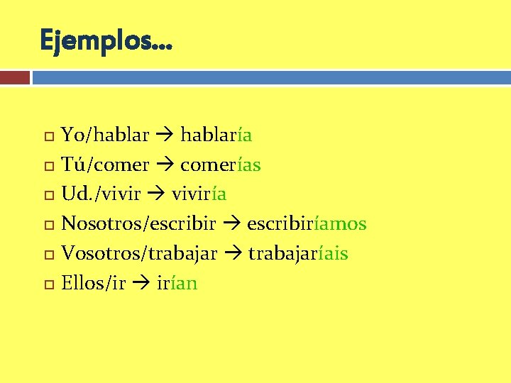 Ejemplos… Yo/hablar hablaría Tú/comer comerías Ud. /vivir viviría Nosotros/escribir escribiríamos Vosotros/trabajar trabajaríais Ellos/ir irían