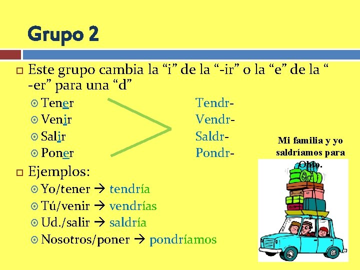 Grupo 2 Este grupo cambia la “i” de la “-ir” o la “e” de