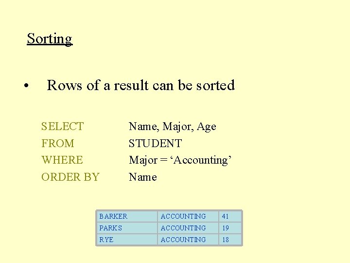 Sorting • Rows of a result can be sorted SELECT FROM WHERE ORDER BY