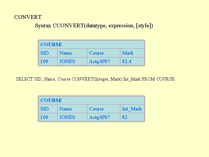 CONVERT Syntax CCONVERT(datatype, expression, [style]) COURSE SID Name Course Mark 100 JONES Actg 4