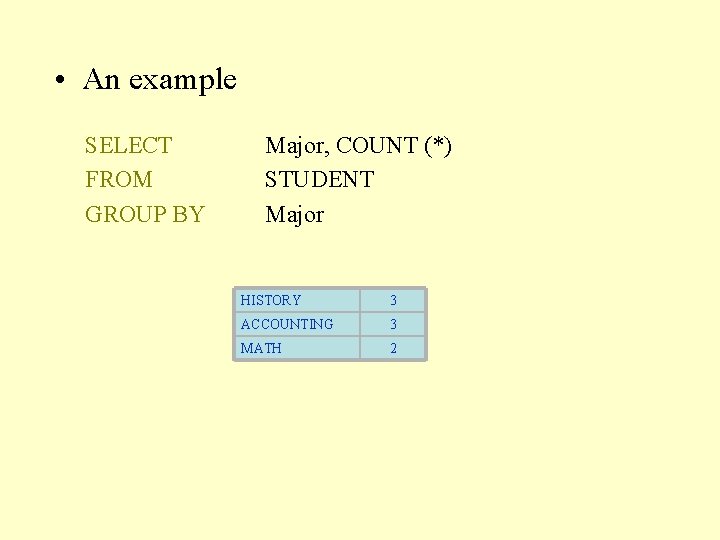  • An example SELECT FROM GROUP BY Major, COUNT (*) STUDENT Major HISTORY