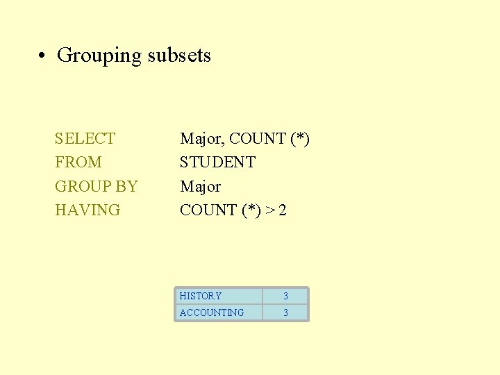  • Grouping subsets SELECT FROM GROUP BY HAVING Major, COUNT (*) STUDENT Major