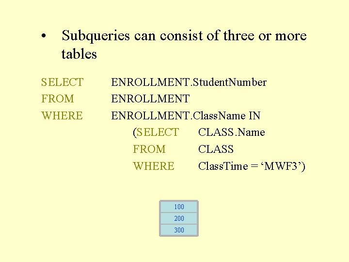  • Subqueries can consist of three or more tables SELECT FROM WHERE ENROLLMENT.