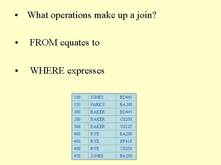  • What operations make up a join? • FROM equates to • WHERE
