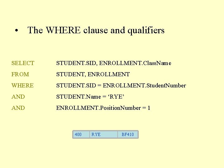  • The WHERE clause and qualifiers SELECT STUDENT. SID, ENROLLMENT. Class. Name FROM