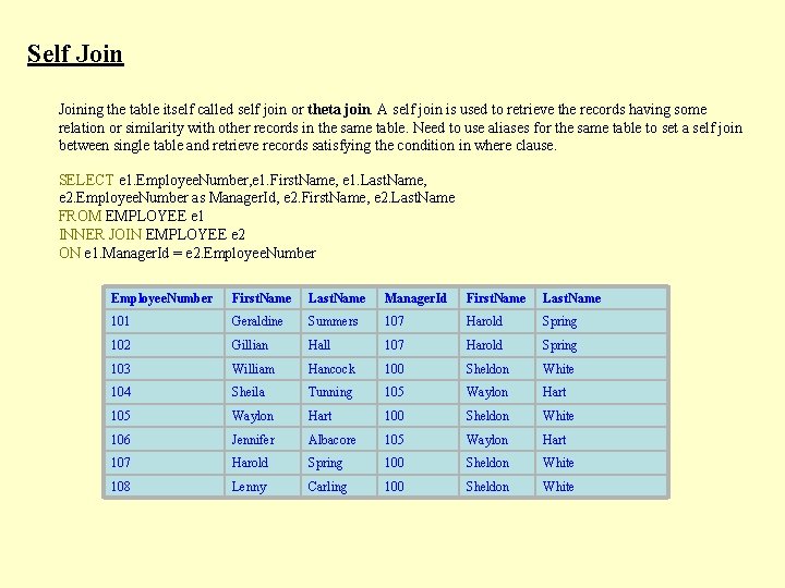 Self Joining the table itself called self join or theta join. A self join