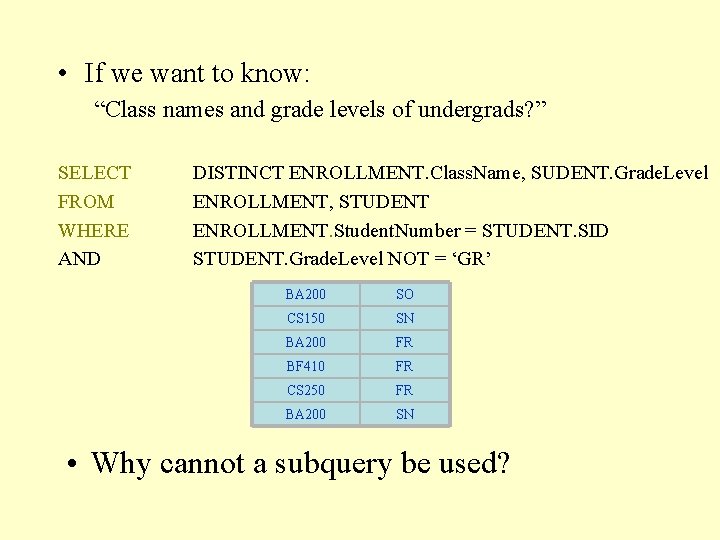  • If we want to know: “Class names and grade levels of undergrads?