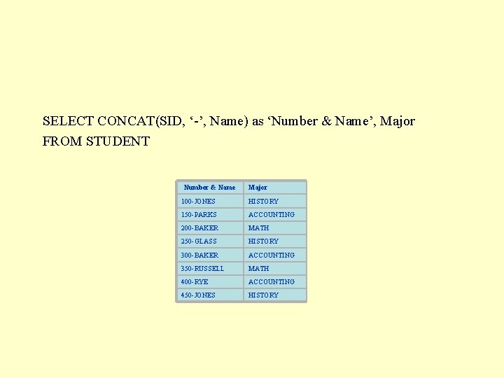 SELECT CONCAT(SID, ‘-’, Name) as ‘Number & Name’, Major FROM STUDENT Number & Name