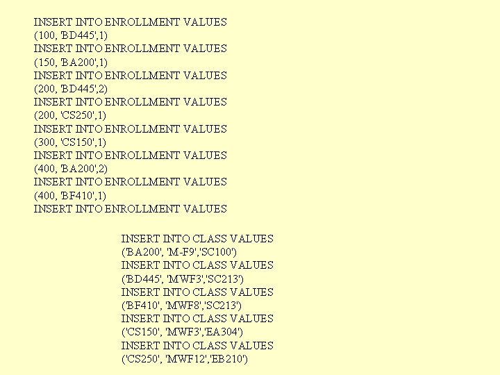 INSERT INTO ENROLLMENT VALUES (100, 'BD 445', 1) INSERT INTO ENROLLMENT VALUES (150, 'BA