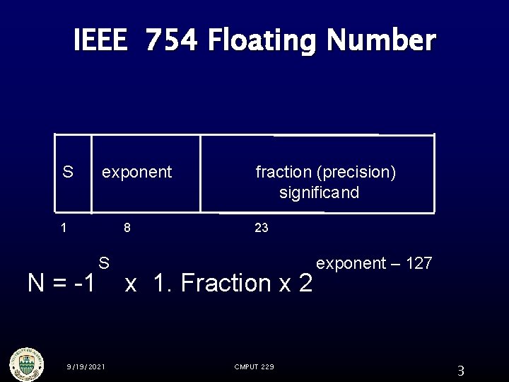 IEEE 754 Floating Number S exponent 1 N = -1 8 S 9/19/2021 fraction IEEE 754 Floating Number S exponent 1 N = -1 8 S 9/19/2021 fraction