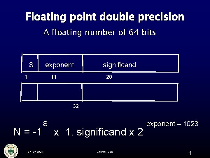 Floating point double precision A floating number of 64 bits S exponent 1 11 Floating point double precision A floating number of 64 bits S exponent 1 11