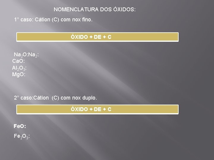 NOMENCLATURA DOS ÓXIDOS: 1° caso: Cátion (C) com nox fino. ÓXIDO + DE +
