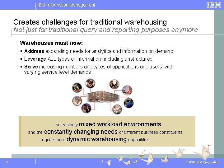 IBM Information Management Creates challenges for traditional warehousing Not just for traditional query and IBM Information Management Creates challenges for traditional warehousing Not just for traditional query and
