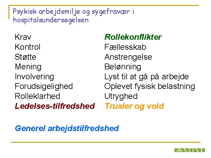 Psykisk arbejdsmiljø og sygefravær i hospitalsundersøgelsen Krav Kontrol Støtte Mening Involvering Forudsigelighed Rolleklarhed Ledelses-tilfredshed