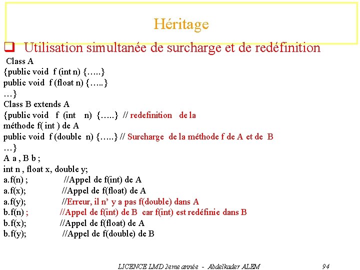 Héritage q Utilisation simultanée de surcharge et de redéfinition Class A {public void f