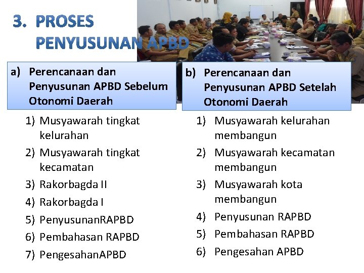 a) Perencanaan dan Penyusunan APBD Sebelum Otonomi Daerah 1) Musyawarah tingkat kelurahan 2) Musyawarah