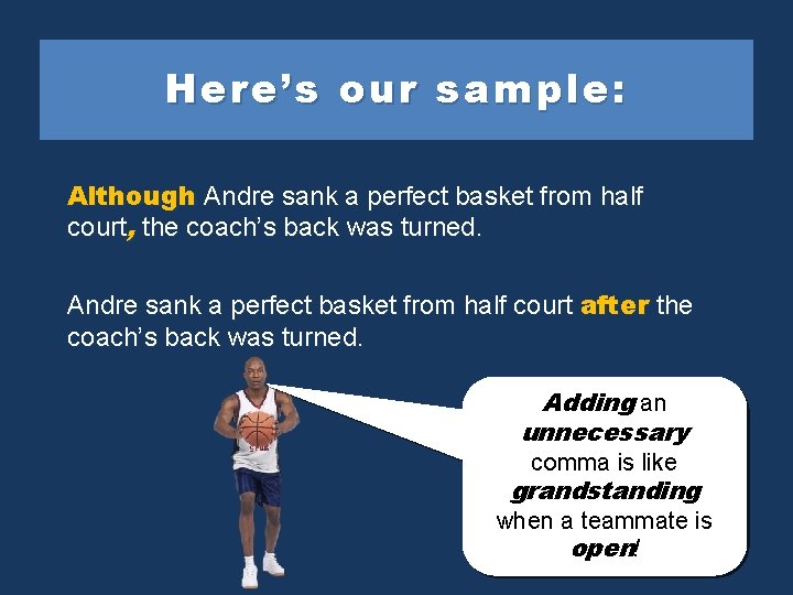 Here’s our sample: Although Andre sank a perfect basket from half court, the coach’s
