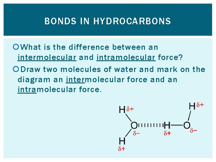 BONDS IN HYDROCARBONS What is the difference between an intermolecular and intramolecular force? Draw