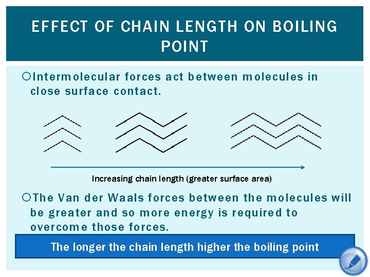 EFFECT OF CHAIN LENGTH ON BOILING POINT Intermolecular forces act between molecules in close