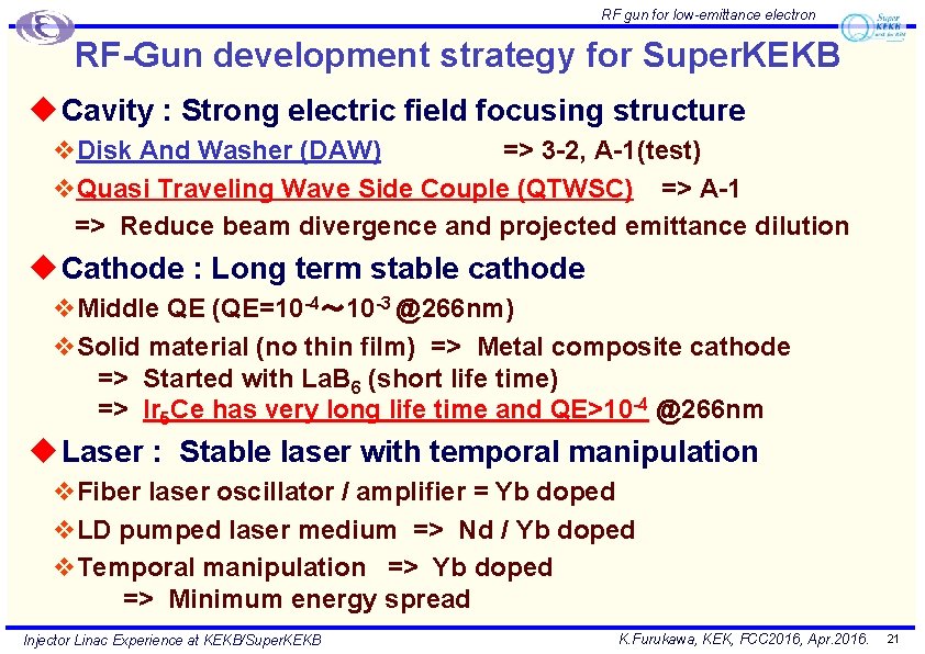 RF gun for low-emittance electron RF-Gun development strategy for Super. KEKB u Cavity :