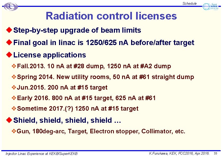 Schedule Radiation control licenses u Step-by-step upgrade of beam limits u Final goal in