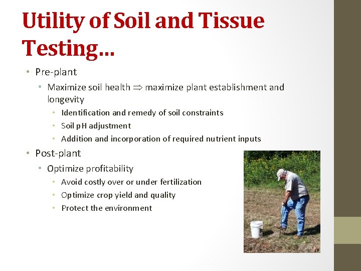 Utility of Soil and Tissue Testing… • Pre-plant • Maximize soil health maximize plant