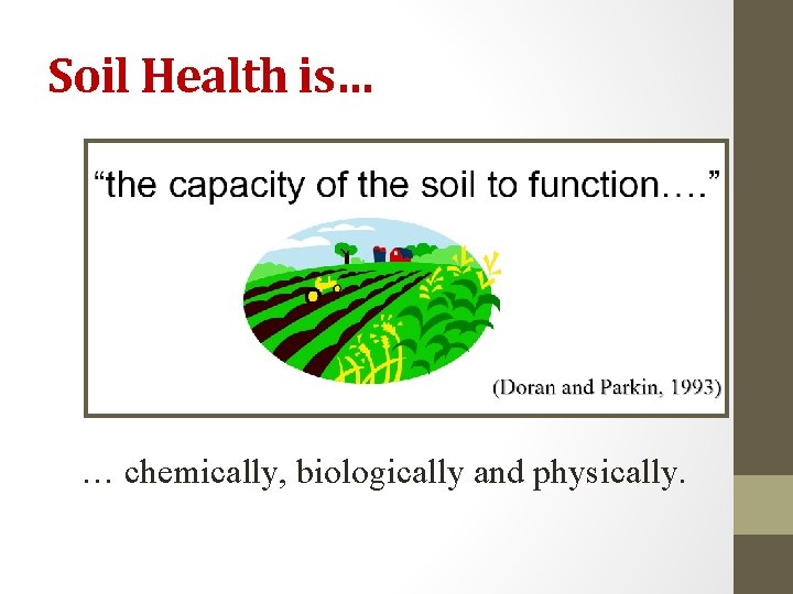 Soil Health is… … chemically, biologically and physically. 