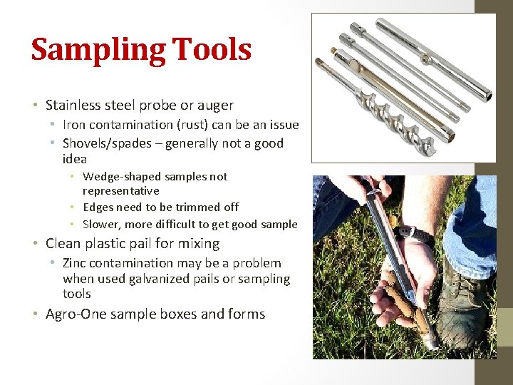 Sampling Tools • Stainless steel probe or auger • Iron contamination (rust) can be