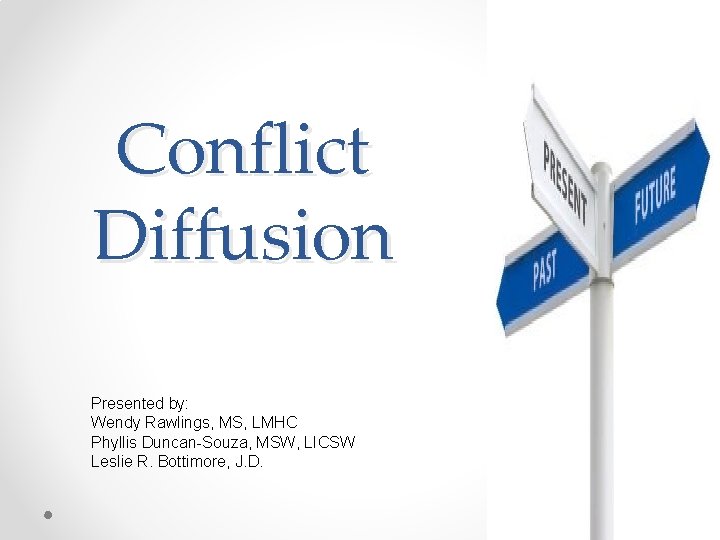 Conflict Diffusion Presented by: Wendy Rawlings, MS, LMHC Phyllis Duncan-Souza, MSW, LICSW Leslie R.