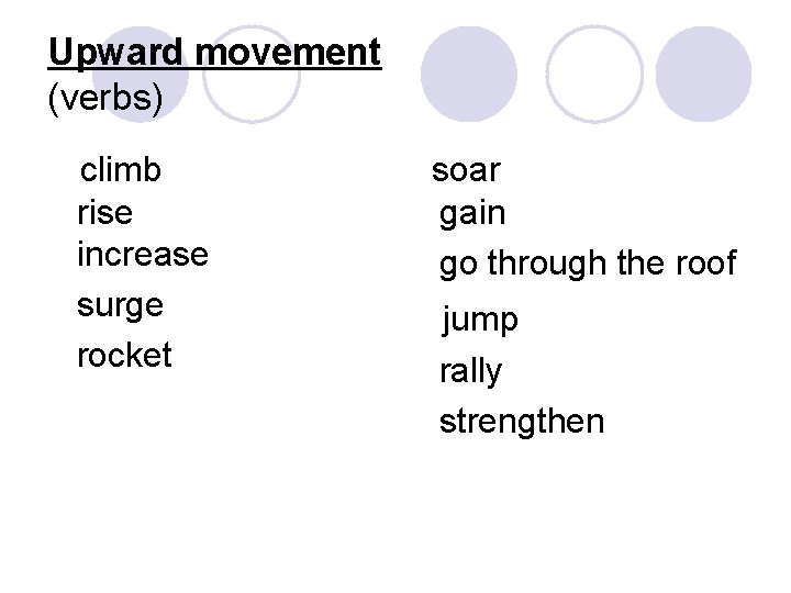 Upward movement (verbs) climb rise increase surge rocket soar gain go through the roof