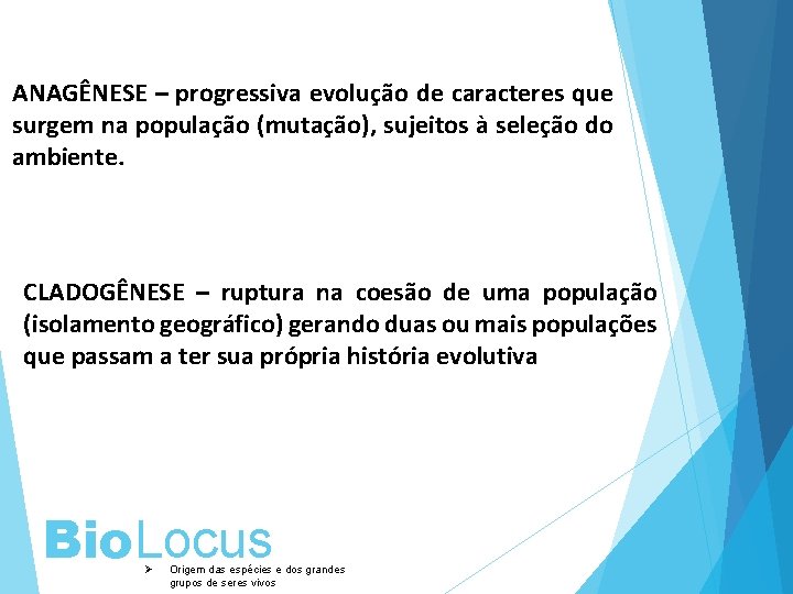 ANAGÊNESE – progressiva evolução de caracteres que surgem na população (mutação), sujeitos à seleção