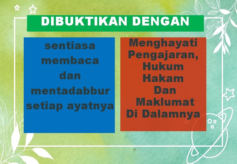 DIBUKTIKAN DENGAN sentiasa membaca dan mentadabbur setiap ayatnya Menghayati Pengajaran, Hukum Hakam Dan Maklumat