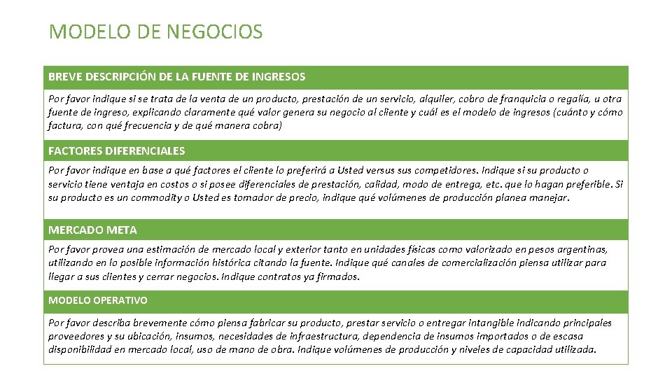 MODELO DE NEGOCIOS BREVE DESCRIPCIÓN DE LA FUENTE DE INGRESOS Por favor indique si