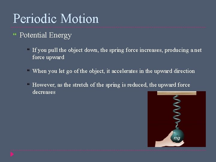 Periodic Motion Potential Energy If you pull the object down, the spring force increases,