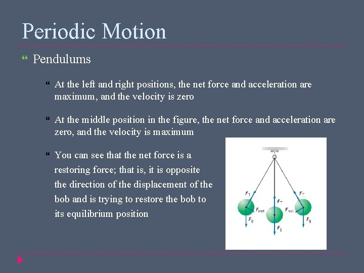 Periodic Motion Pendulums At the left and right positions, the net force and acceleration