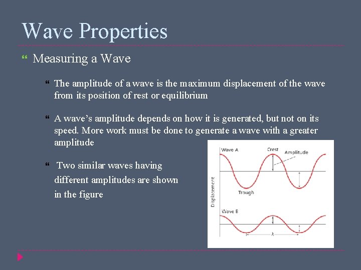 Wave Properties Measuring a Wave The amplitude of a wave is the maximum displacement